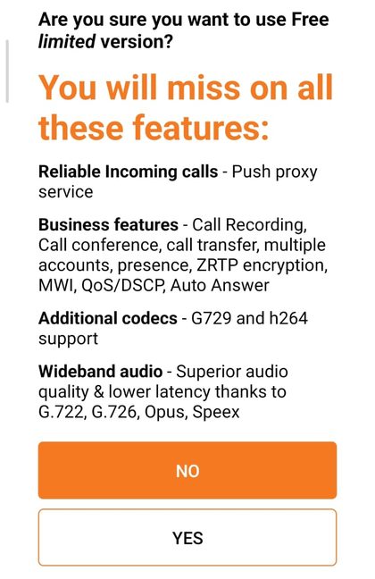 Zoiper asks whether to use the free version, with the YES button