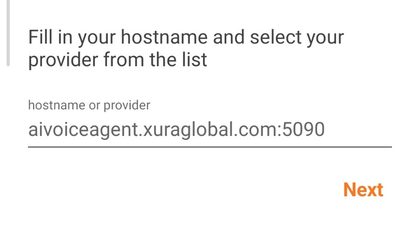 Zoiper hostname screen showing aivoiceagent.xuraglobal.com:5090 and Next