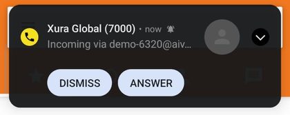 Incoming call from Xura Global (7000) with the Answer button