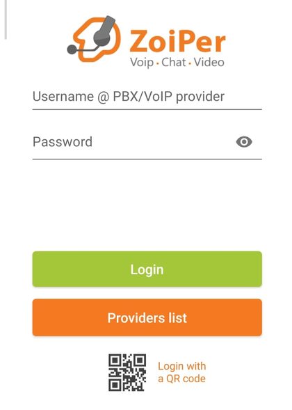 Zoiper login screen with username, password and Login