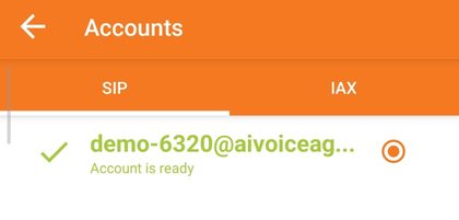 Zoiper accounts list showing the account with a green tick and Account is ready