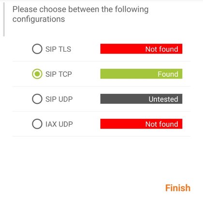 Zoiper configuration list with SIP TCP Found selected and Finish
