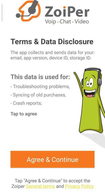 Zoiper terms screen with the Agree and Continue button
